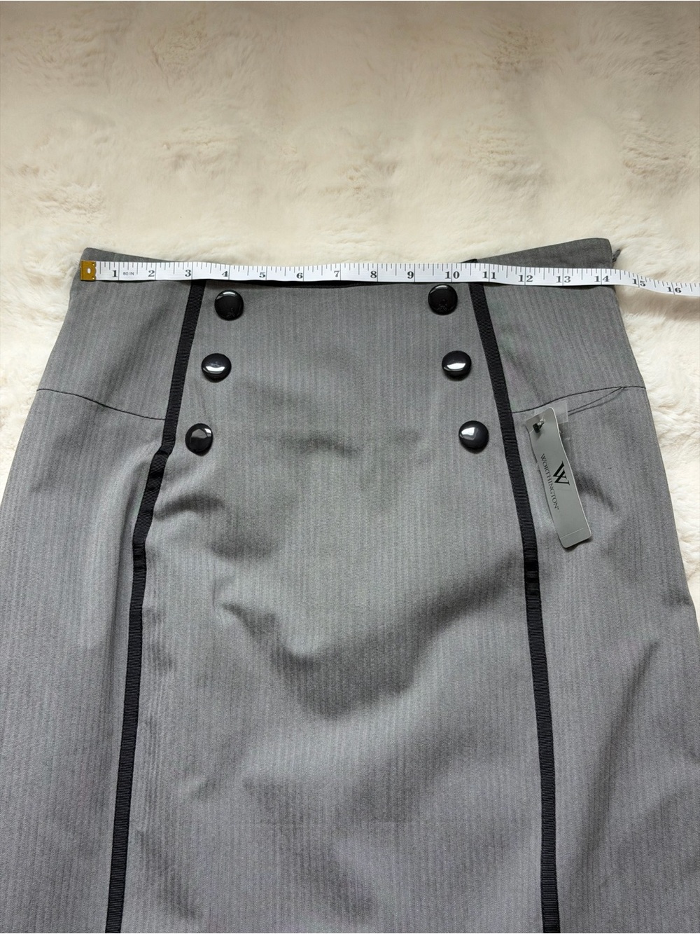 Victorian Style Worthington High Waist Midi Gray Pencil Skirt with Black Trim-8 - Picture 14 of 15